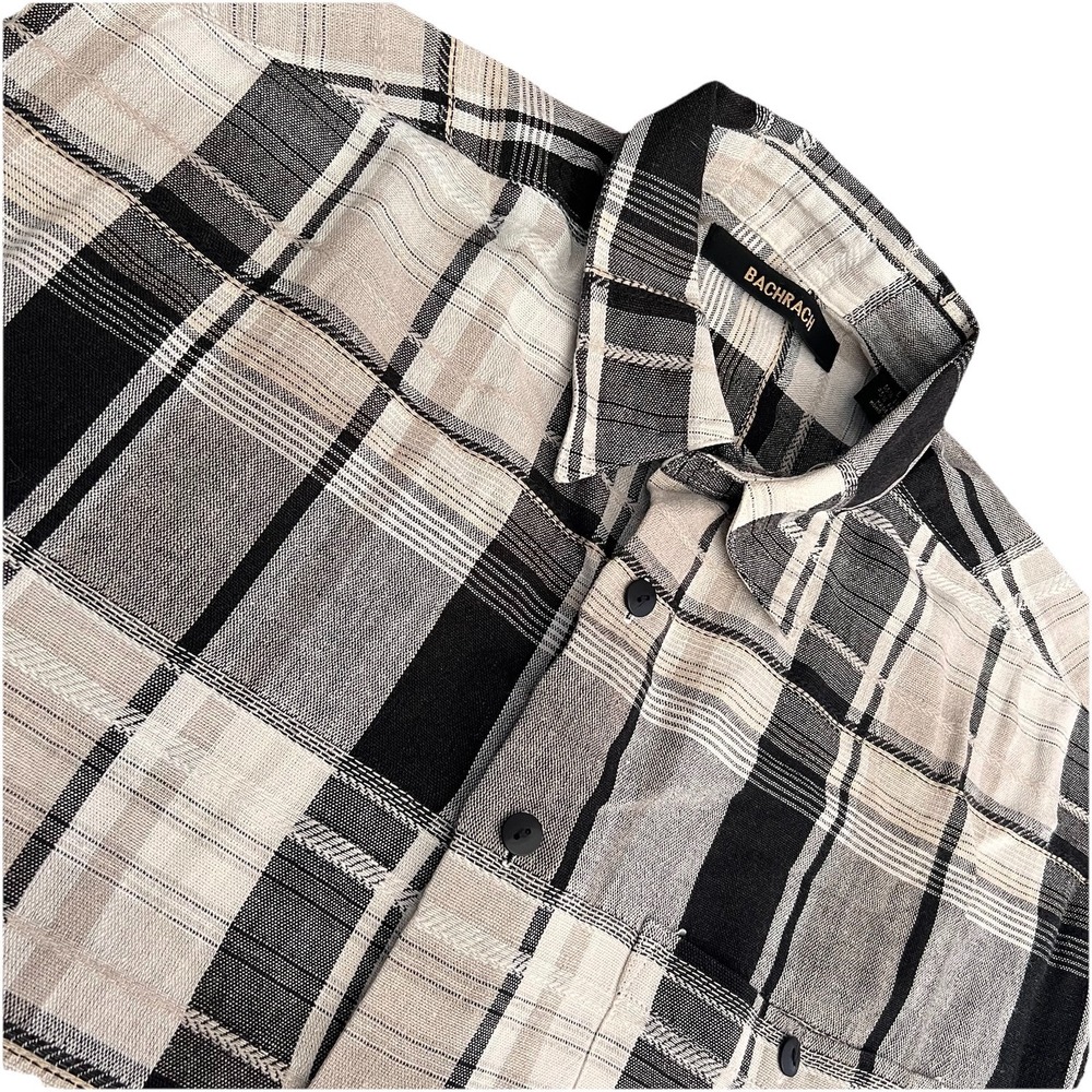 Bachrach Tan Black Linen Blend Short‎ Sleeve Button Up Shirt Men's Large Casual